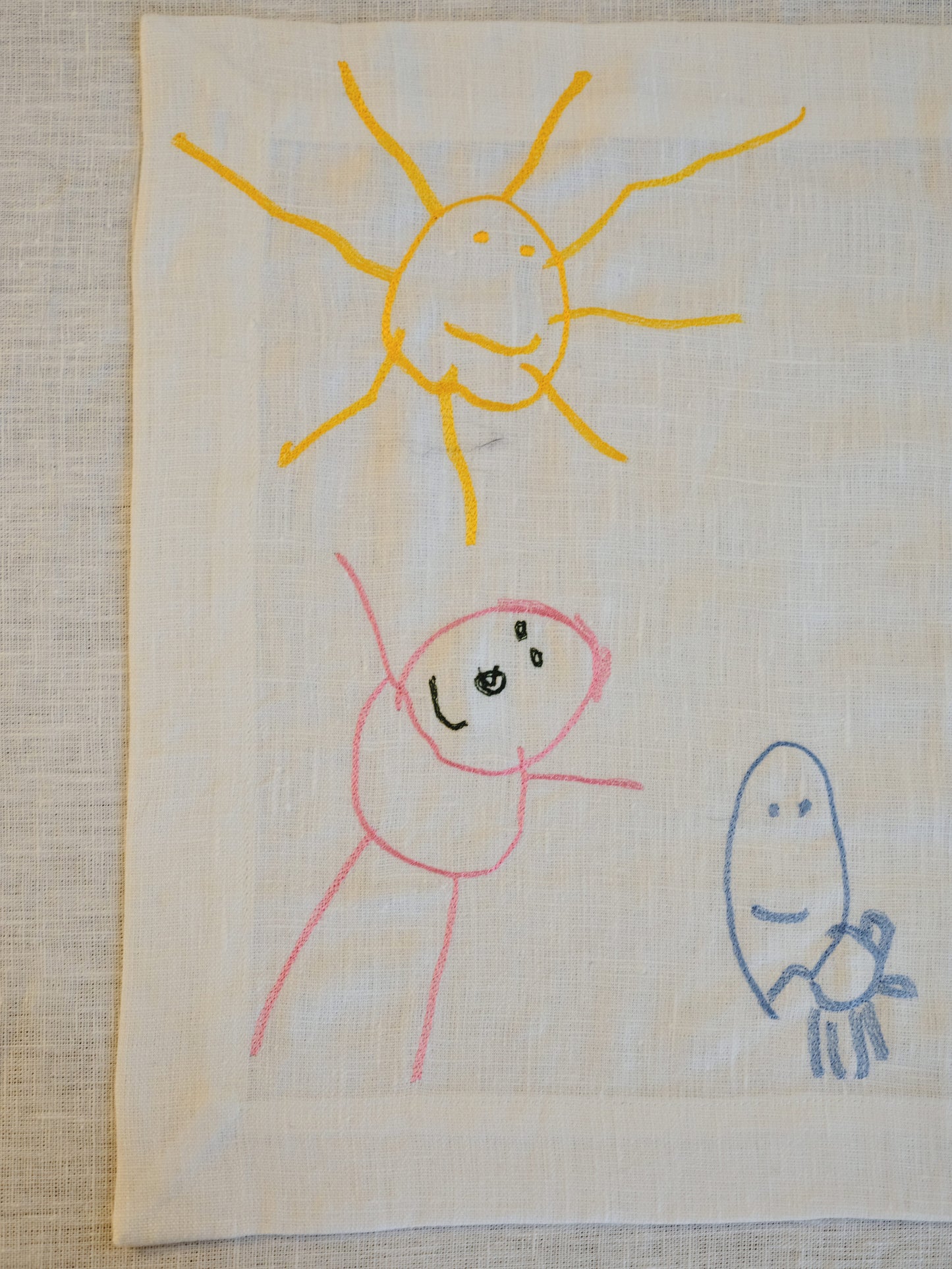 personalized linen gift, custom embroidered tablecloth, luxury family gift, heirloom textile, preserve kids drawing gift, children art embroidery, personalized family textile
