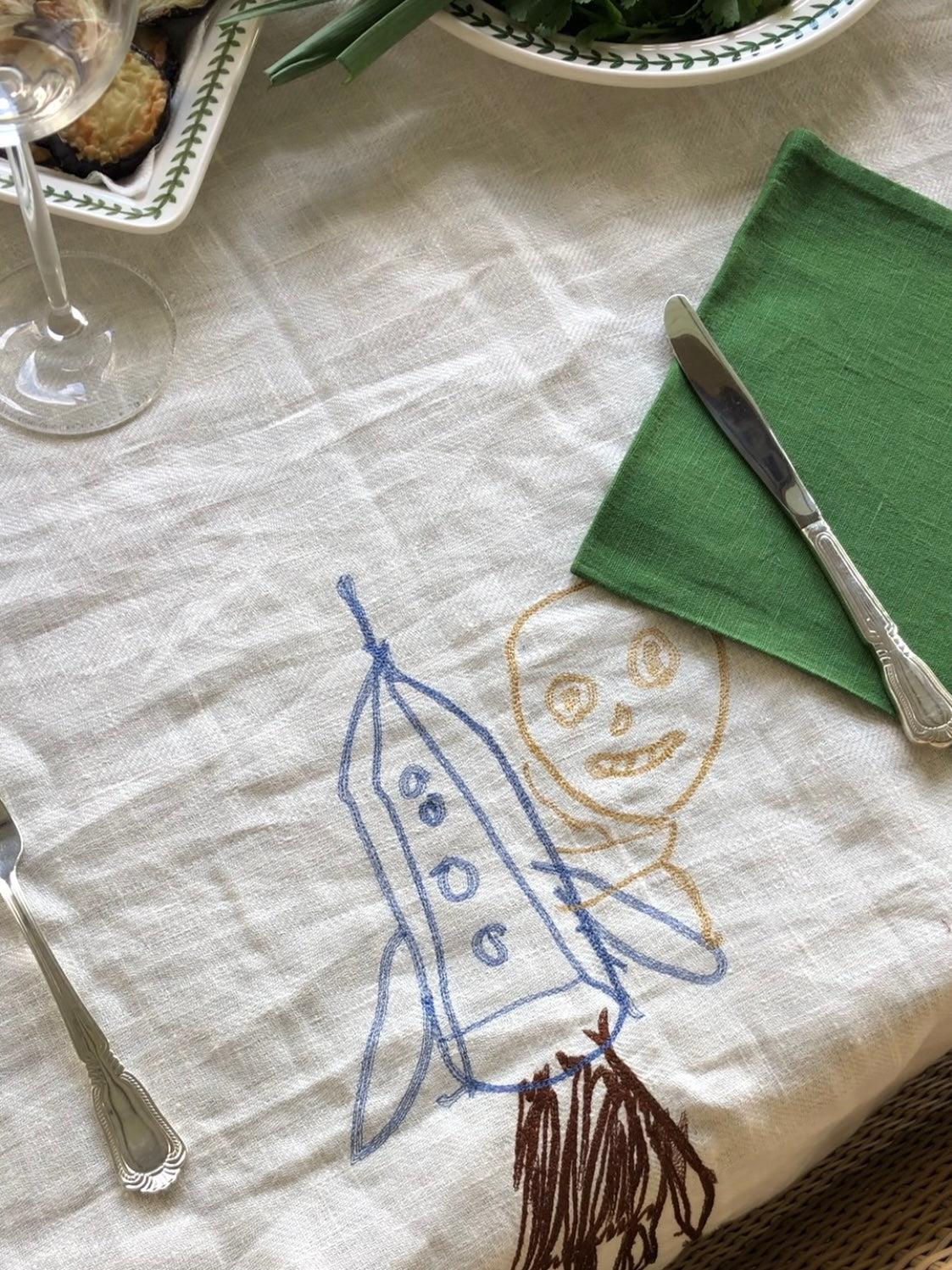 personalized linen gift, custom embroidered tablecloth, luxury family gift, heirloom textile, preserve kids drawing gift, children art embroidery, personalized family textile
