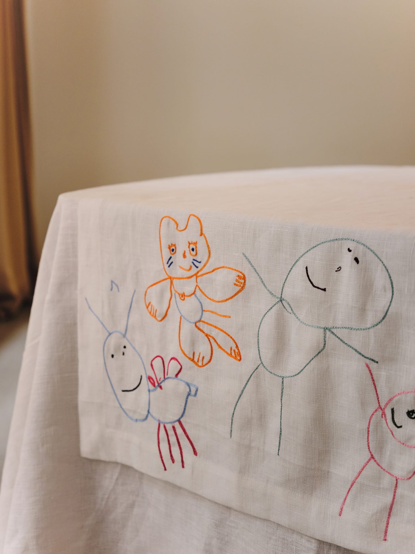 personalized linen gift, custom embroidered tablecloth, luxury family gift, heirloom textile, preserve kids drawing gift, children art embroidery, personalized family textile