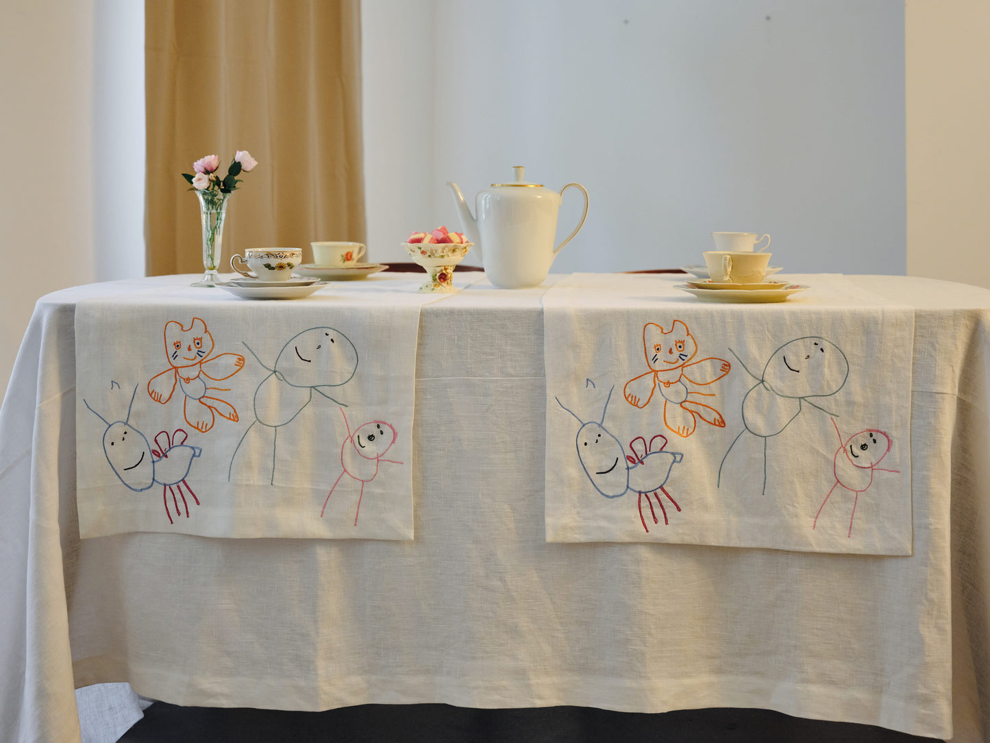 personalized linen gift, custom embroidered tablecloth, luxury family gift, heirloom textile, preserve kids drawing gift, children art embroidery, personalized family textile
