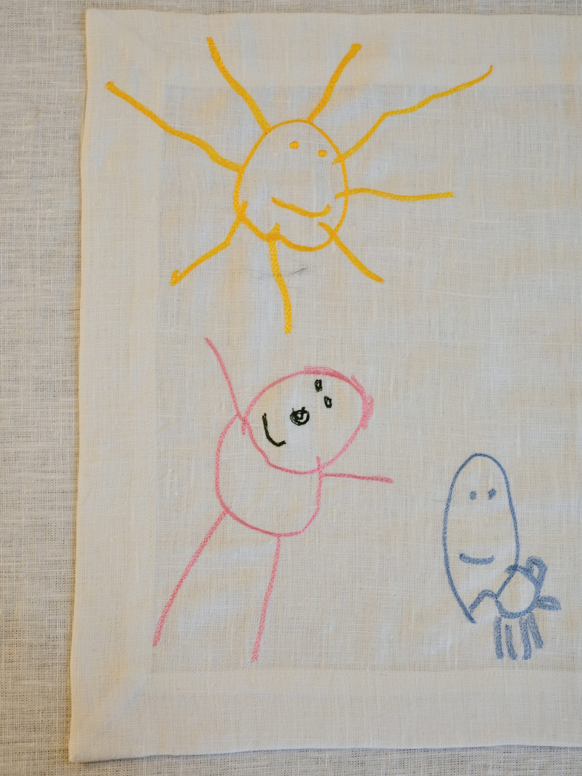 personalized linen gift, custom embroidered tablecloth, luxury family gift, heirloom textile, preserve kids drawing gift, children art embroidery, personalized family textile